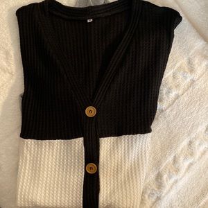 Black and White Color Block Waffle Knit Tie Hem Button Up Top